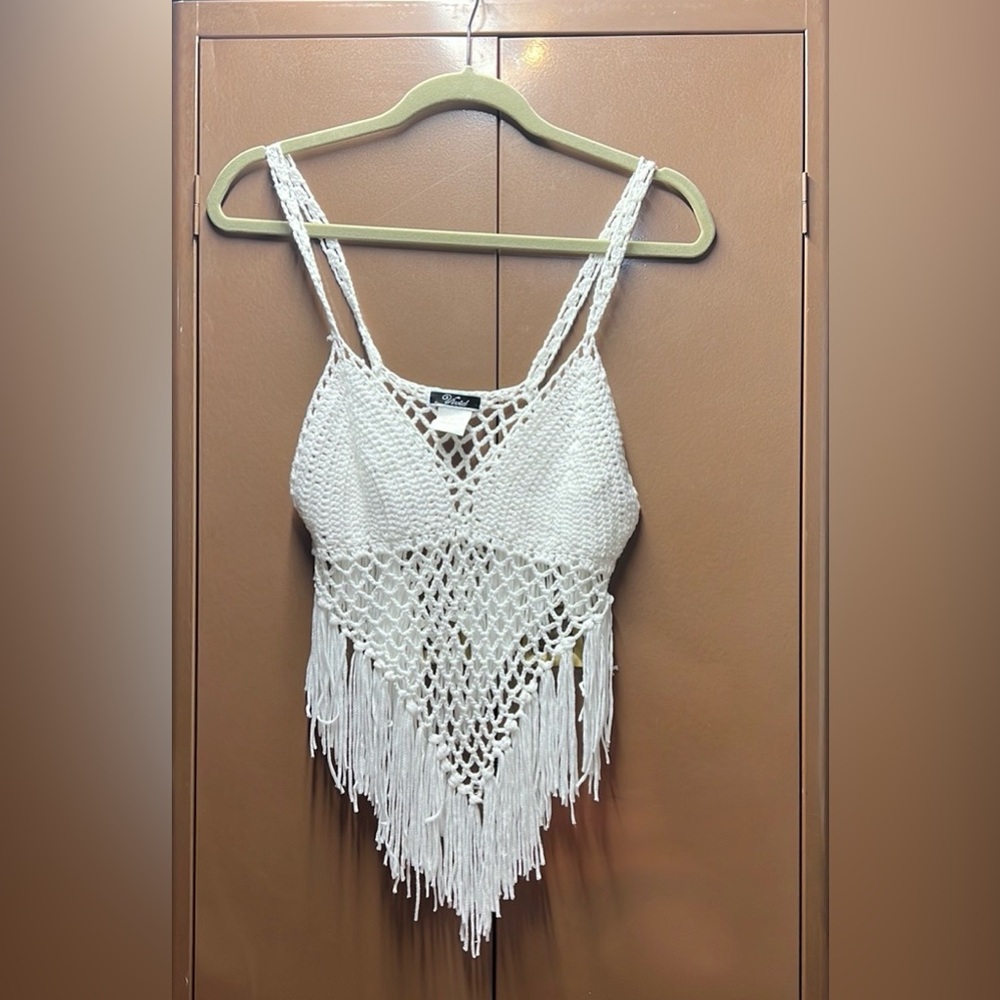 Boho Crochet Fringe Crop Top - White